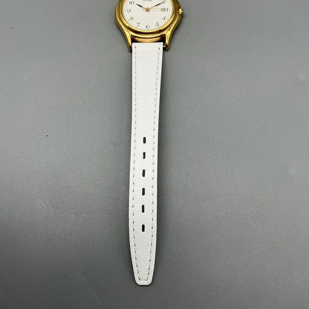 Pulsar V782-0E30 Womens Watch 28mm Gold Tone White Leather New Battery